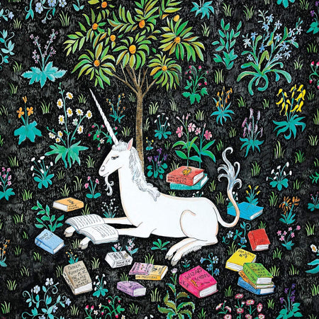 Unicorn surrounded by books and colorful flowers on a dark background. a mudpuppy jigsaw puzzle.