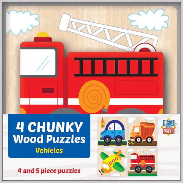 MasterPieces Children's educational toy with a fire truck puzzle and smaller puzzles of vehicles on a wooden background