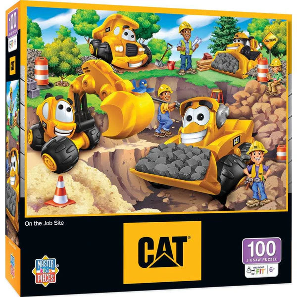 100-piece kids jigsaw puzzle box of Cat construction vehicle with cartoon characters and 'MasterPieces' branding