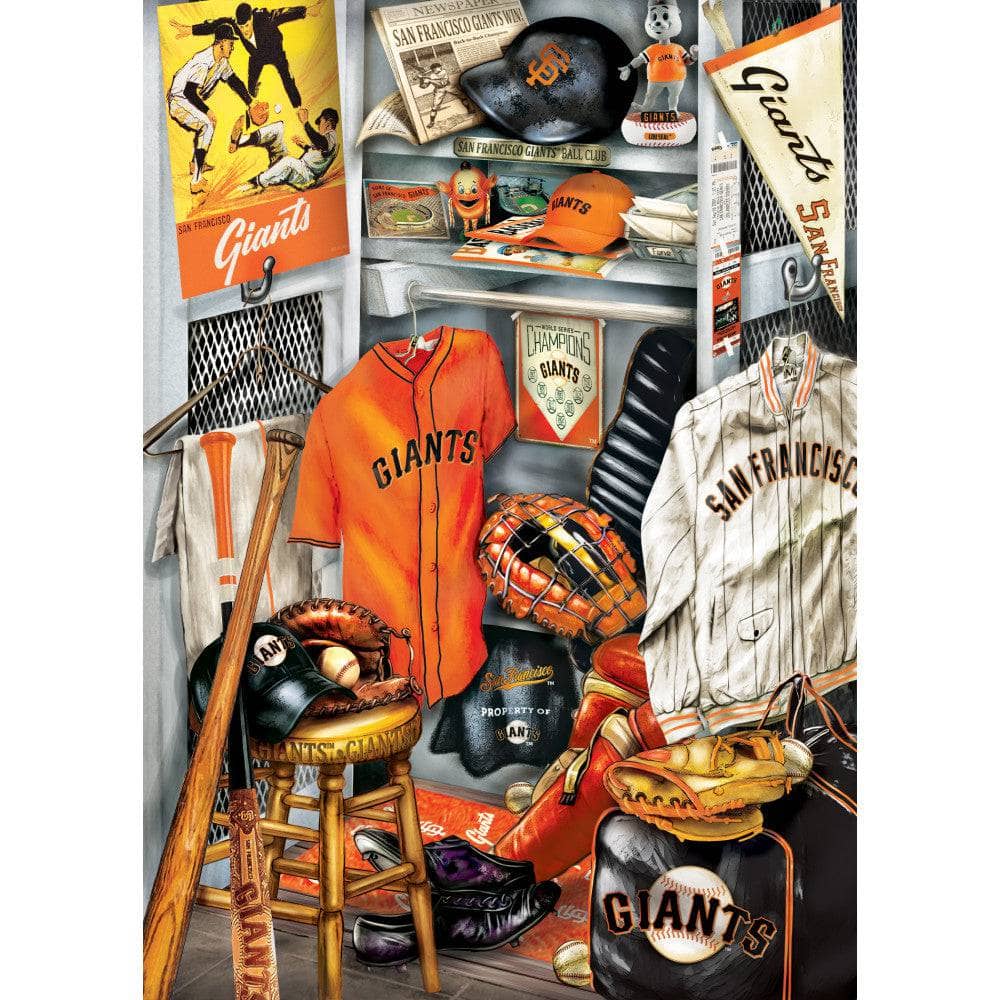 MasterPieces 500-piece puzzle of San Francisco Giants sports memorabilia including jerseys, hats, and equipment.