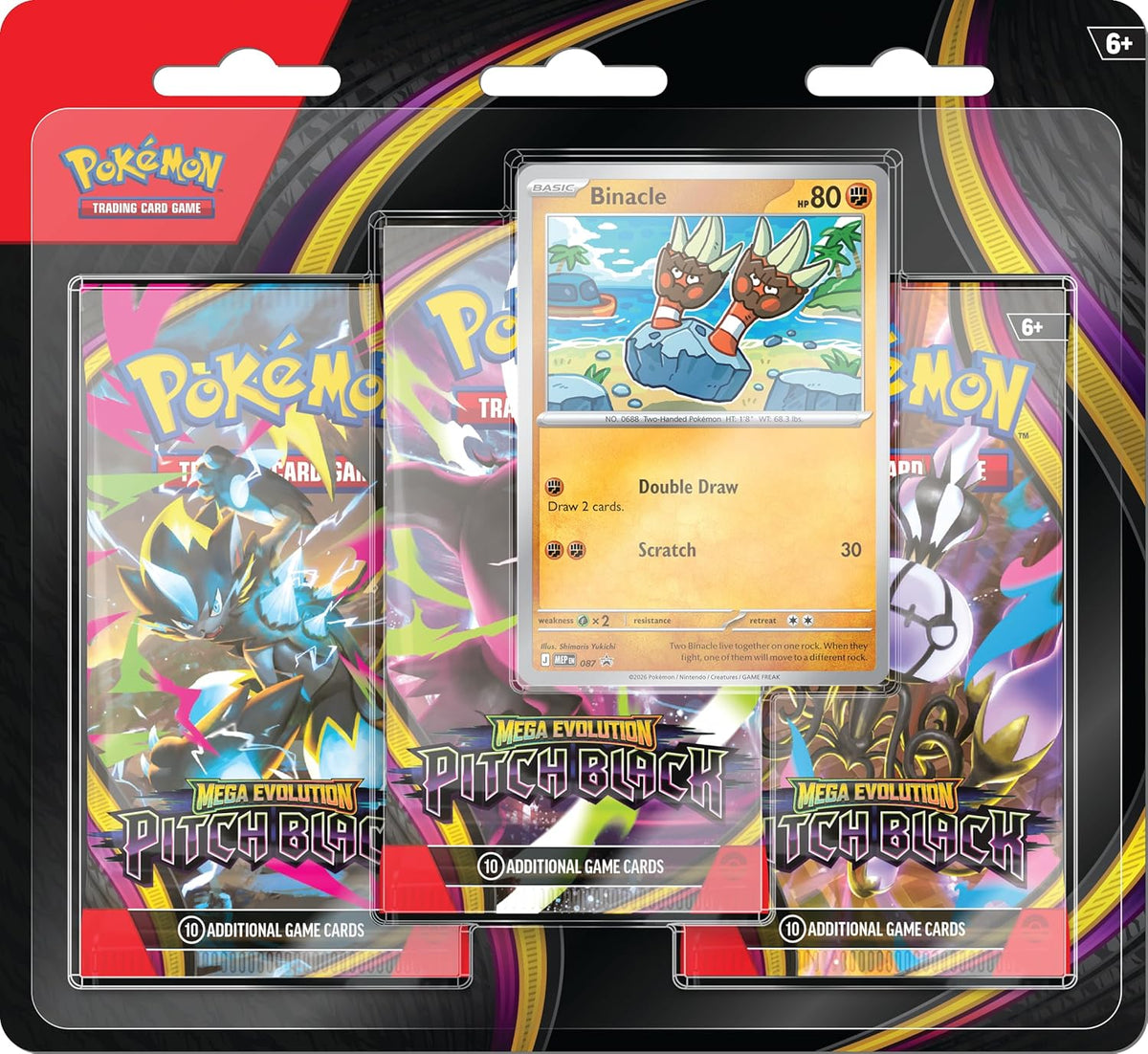 Pokémon trading card game packs with a card featuring Binacle on a black background.