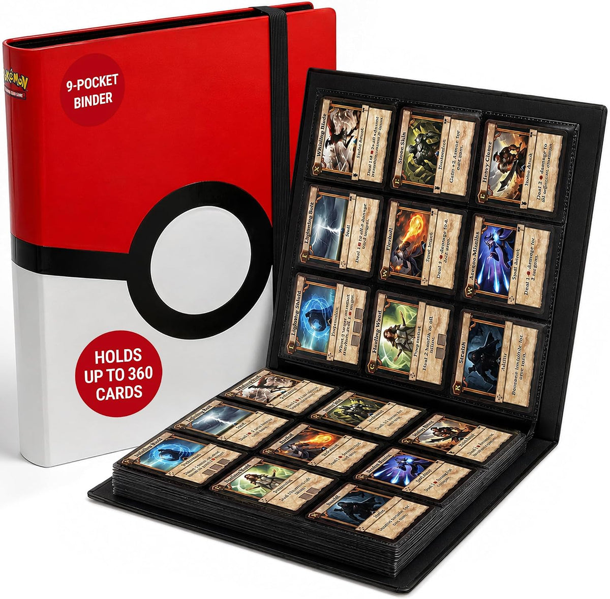 A Pokéball-themed 9-pocket card binder shown closed with its red-and-white cover and open displaying multiple collectible trading cards inside black card sleeves. Text on the cover reads '9-POCKET BINDER' and 'HOLDS UP TO 360 CARDS.