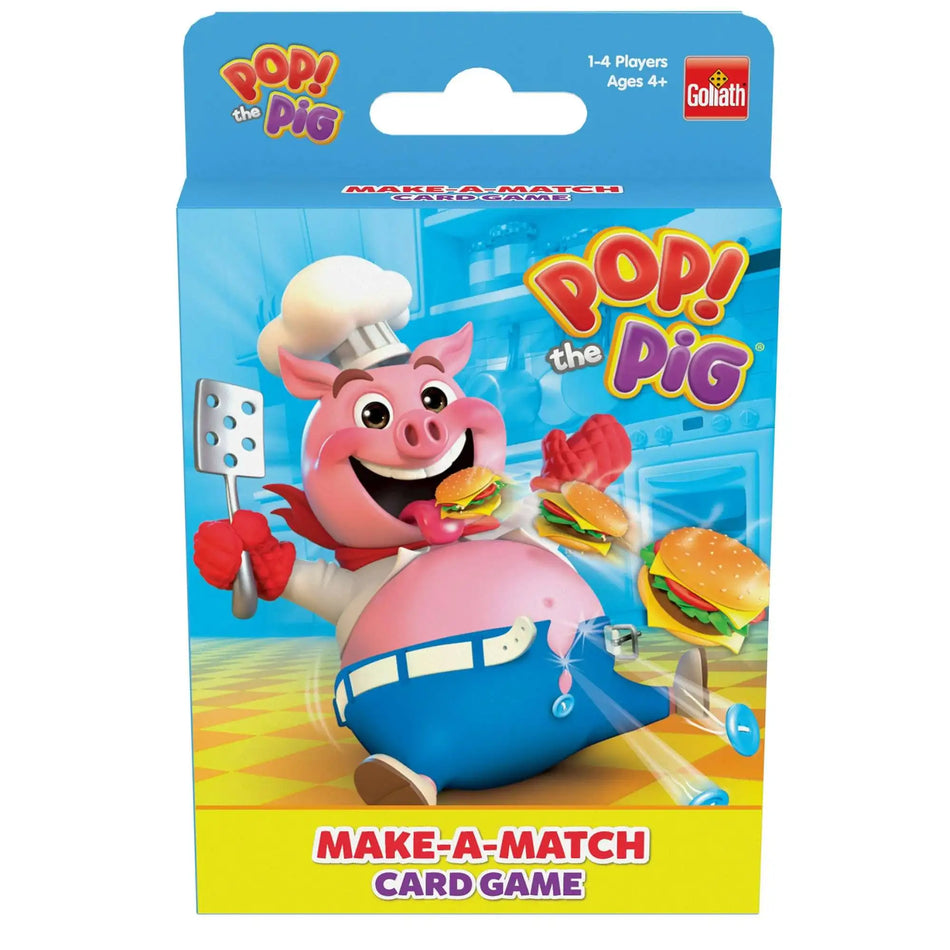 Pop! the Pig Make-A-Match Card Game box by Goliath, featuring a cartoon pink pig chef on a bright blue and yellow package.