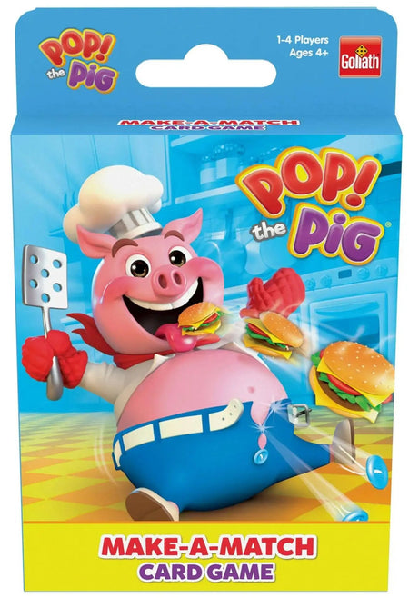 Front of the 'Pop! The Pig Make-A-Match Card Game' box by Goliath, featuring a cartoon pink pig in a chef outfit with burgers and kitchen background artwork.