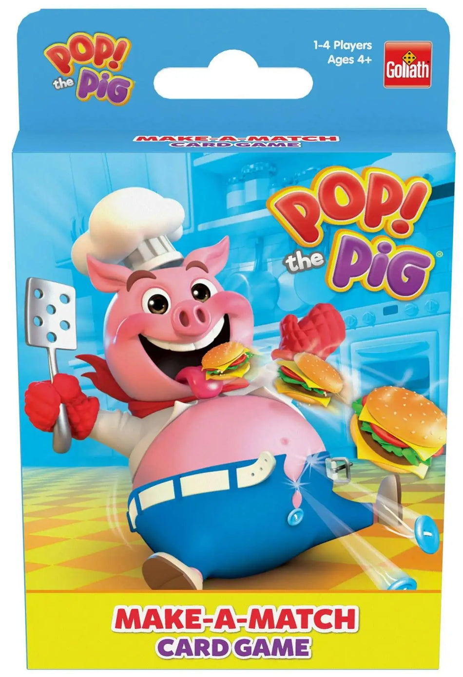 Front of the 'Pop! The Pig Make-A-Match Card Game' box by Goliath, featuring a cartoon pink pig in a chef outfit with burgers and kitchen background artwork.