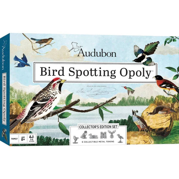 MasterPieces Board game box for 'Bird Spotting Opoly' by Audubon with bird illustrations on a white background