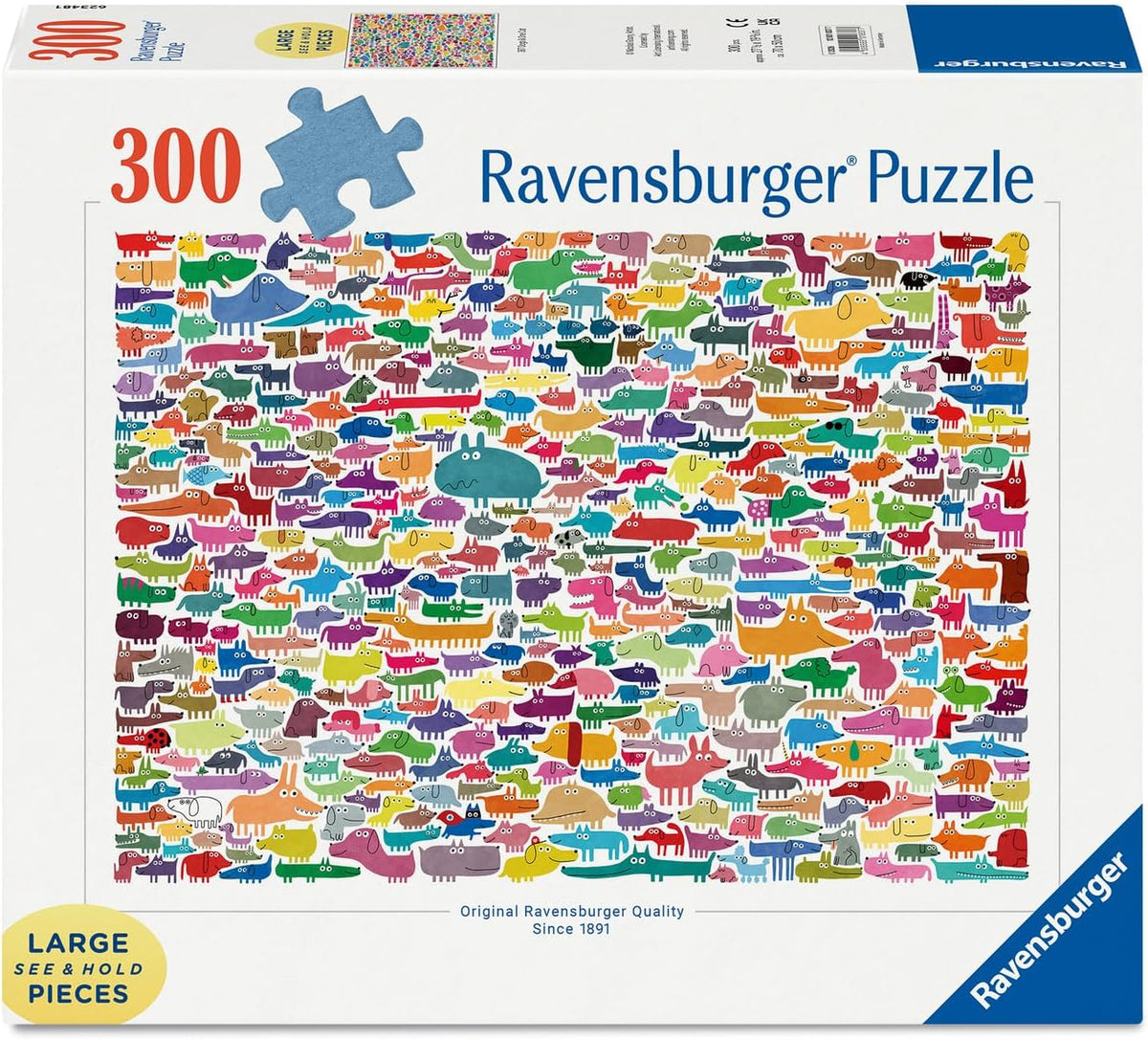 ravensburger 387 dogs & one cat jigsaw puzzle box featuring colorful cartoon dogs and one cat 