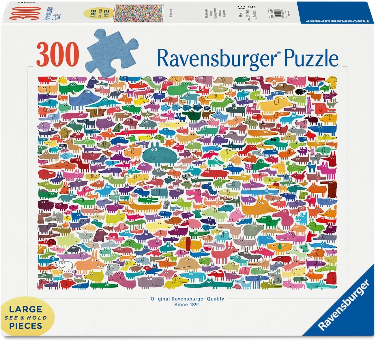 ravensburger 387 dogs & one cat jigsaw puzzle box featuring colorful cartoon dogs and one cat 