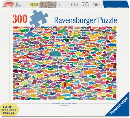 ravensburger 387 dogs & one cat jigsaw puzzle box featuring colorful cartoon dogs and one cat 