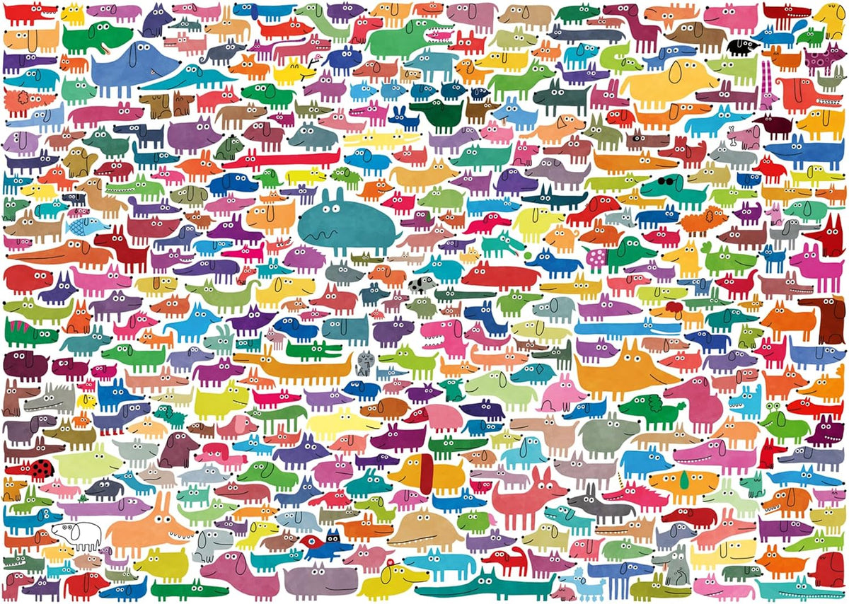 ravensburger 387 dogs & one cat jigsaw puzzle featuring colorful cartoon dogs and one cat 
