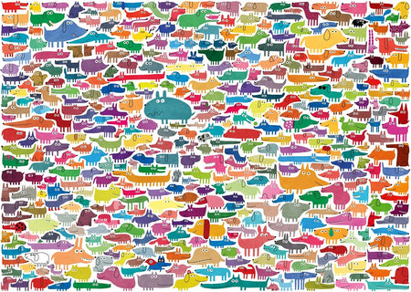 ravensburger 387 dogs & one cat jigsaw puzzle featuring colorful cartoon dogs and one cat 