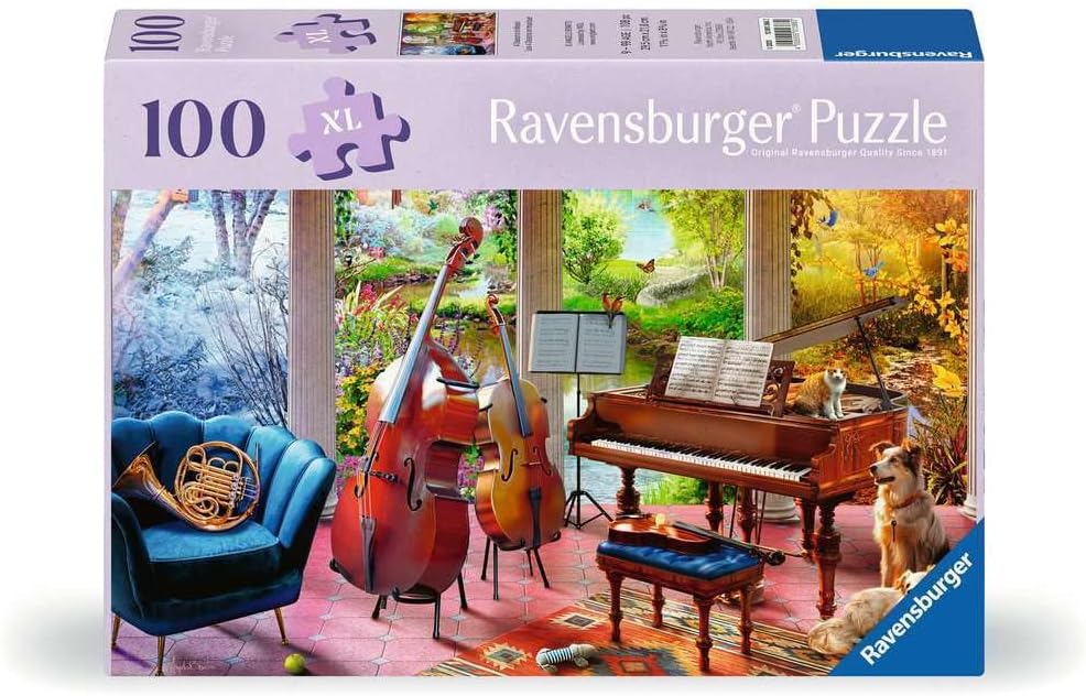 Ravensburger puzzle box with musical instruments and a dog in a room setting