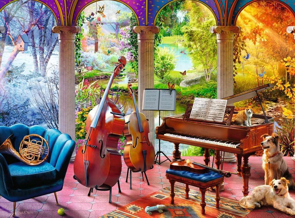 ravensburger 4 seasons in music jigsaw puzzle of a Fantasy room with musical instruments and animals in a colorful, garden-themed four seasons setting.