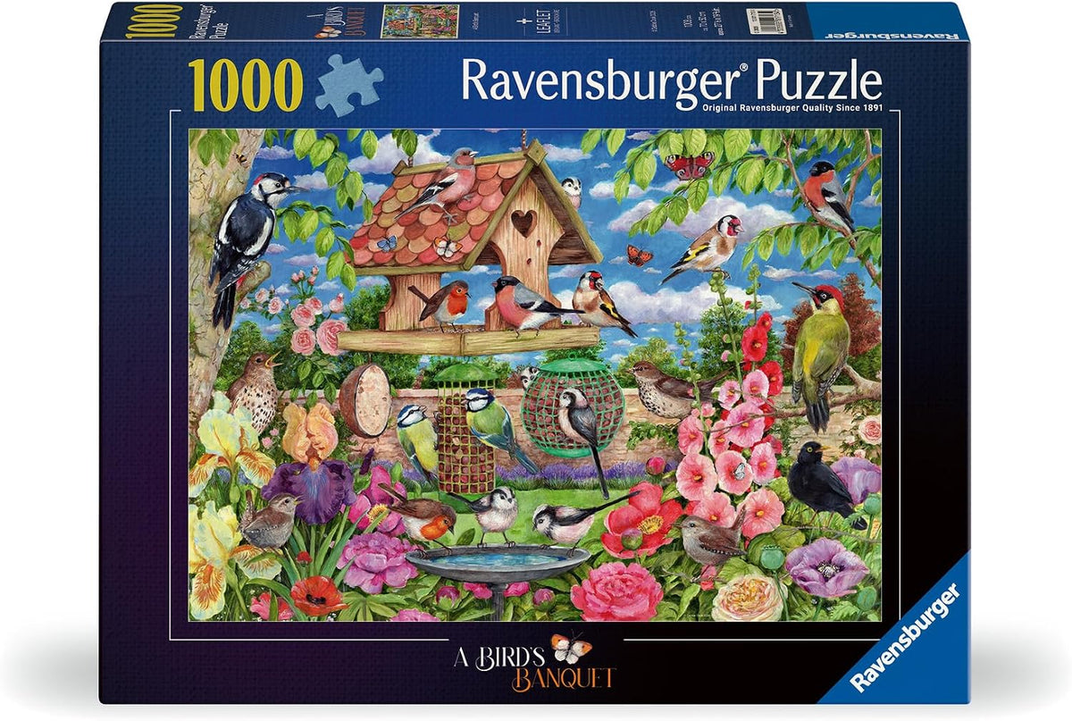 Ravensburger puzzle box with a bird-themed design with flowers and a birdhouse