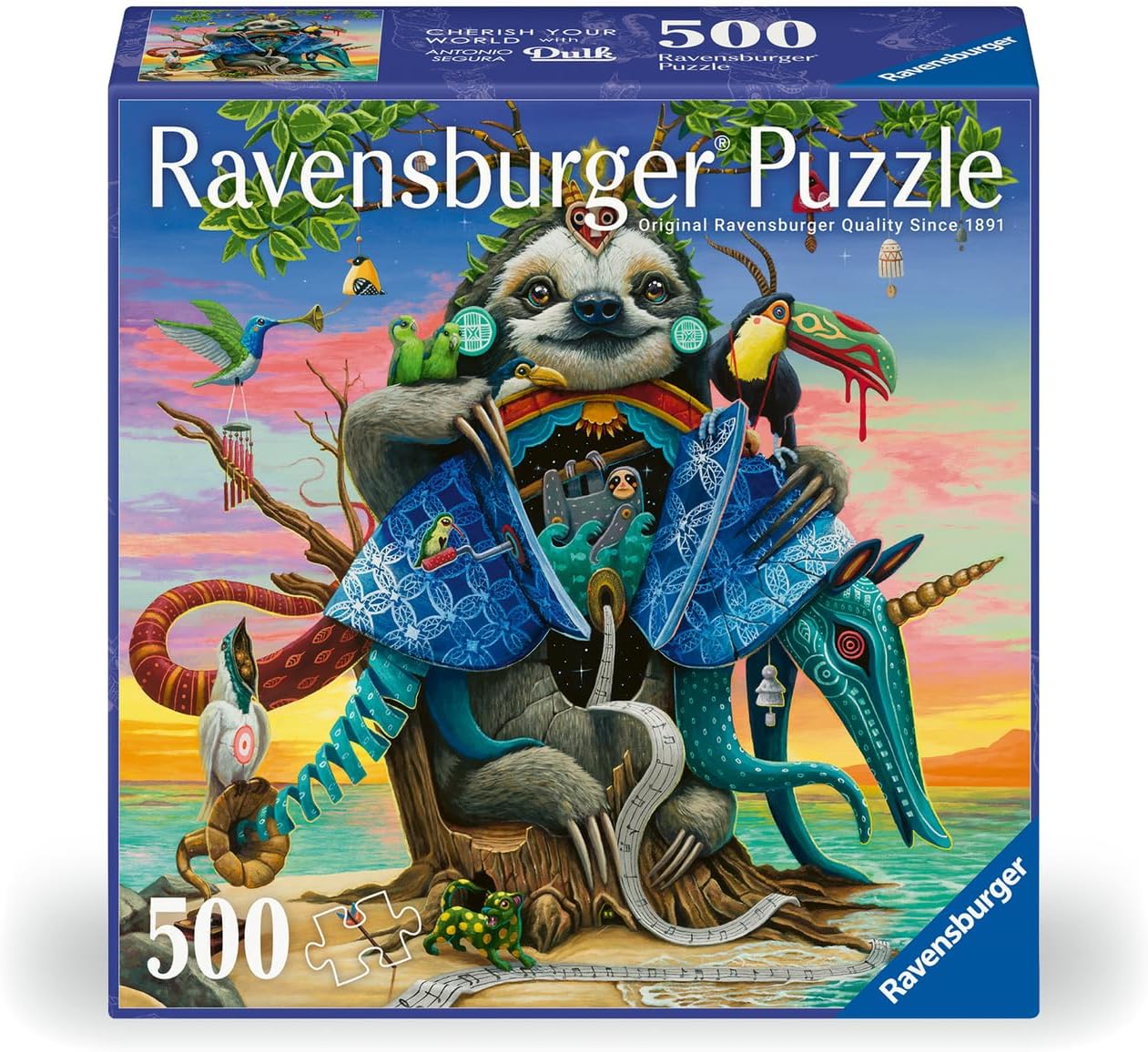 ravensburger cherish your world with dulk afterglow 500-piece jigsaw puzzle box of a sloth, surrounded by endangered creatures including a quetzal, a toucan, and an aardvark