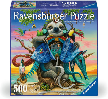 ravensburger cherish your world with dulk afterglow 500-piece jigsaw puzzle box of a sloth, surrounded by endangered creatures including a quetzal, a toucan, and an aardvark