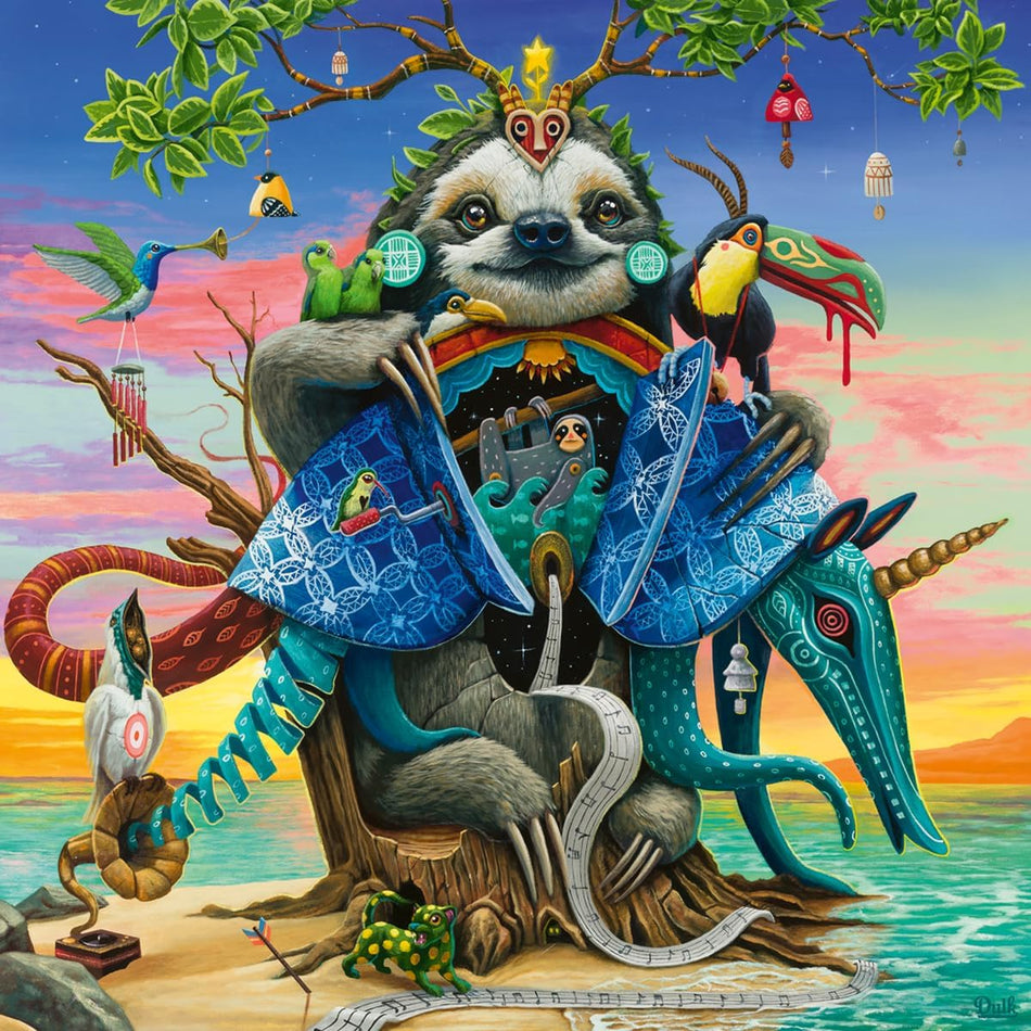 ravensburger cherish your world with dulk afterglow 500-piece jigsaw puzzle of a sloth, surrounded by endangered creatures including a quetzal, a toucan, and an aardvark