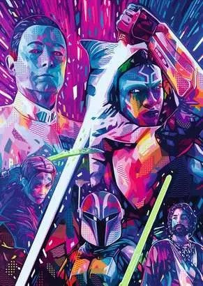 ravensburger colorful artistic star wars ahsoka jigsaw puzzle representing characters from the Star Wars franchise, specifically focusing on the character Ahsoka, with a vibrant background and dynamic visual effects.