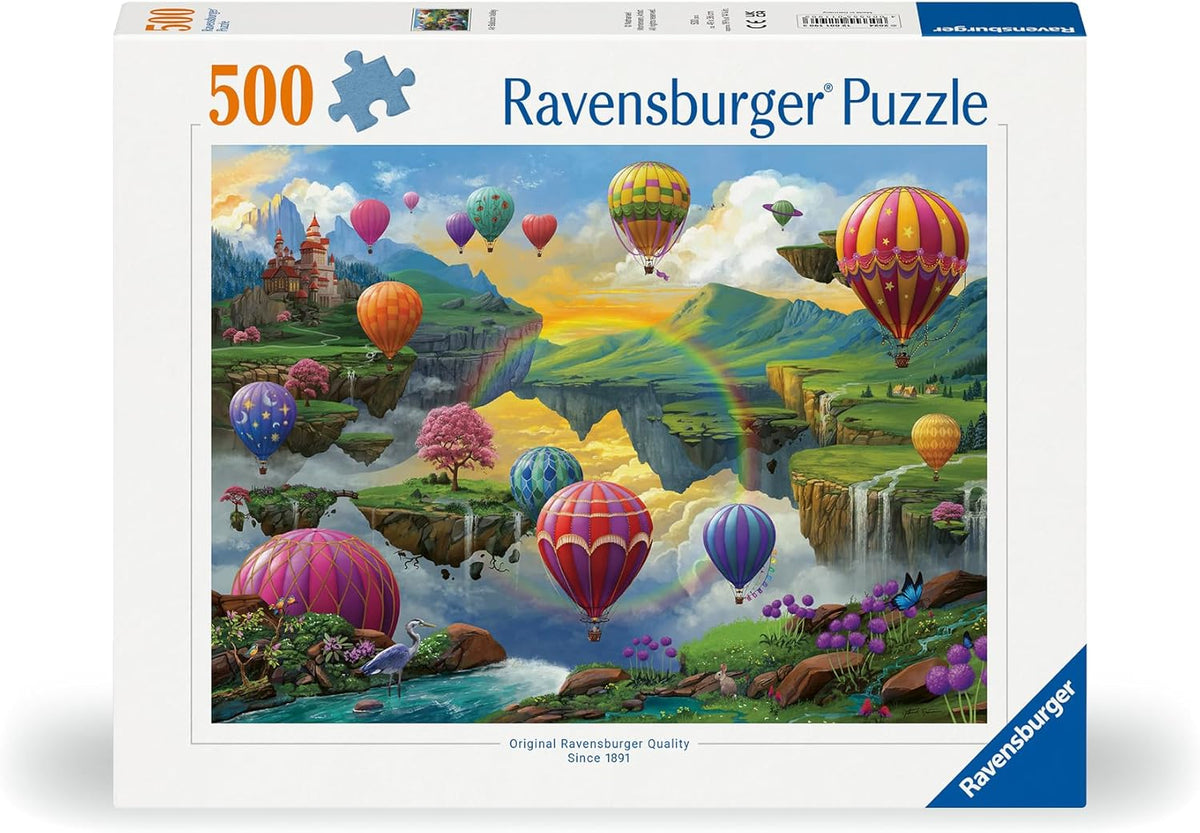 Ravensburger puzzle box with colorful hot air balloons and a castle in the background