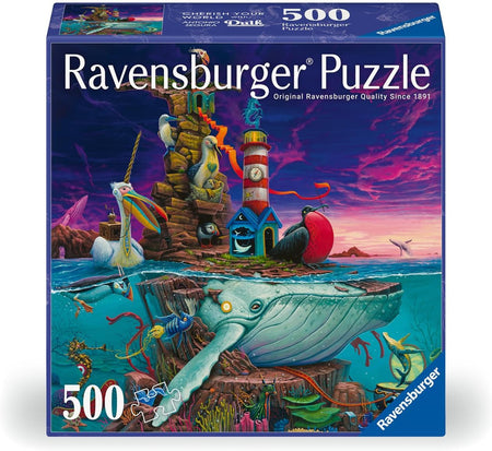 ravensburger cherish your world archipelago 500-piece jigsaw puzzle box featuring a fantastical rendering of the ocean with birds and sea creatures including humpback whales