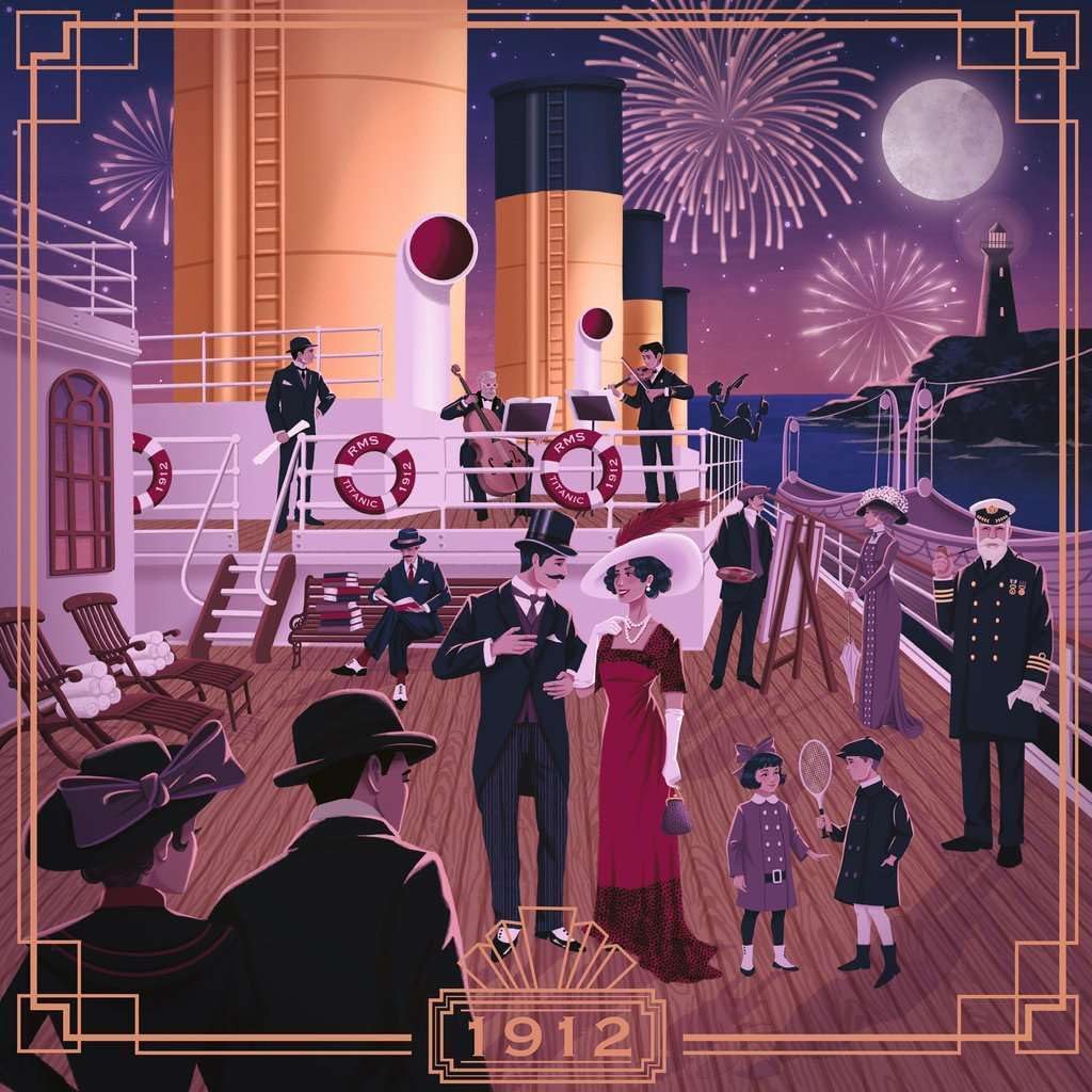 ravensburger art & soul titanic jigsaw puzzle of the ship's deck with people in formal attire, including a couple dancing, with fireworks in the background. The year 1912 is visible.