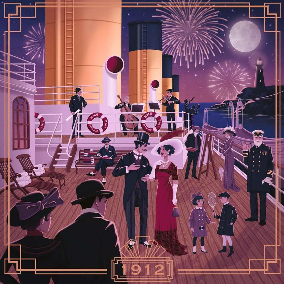 ravensburger art & soul titanic jigsaw puzzle of the ship's deck with people in formal attire, including a couple dancing, with fireworks in the background. The year 1912 is visible.