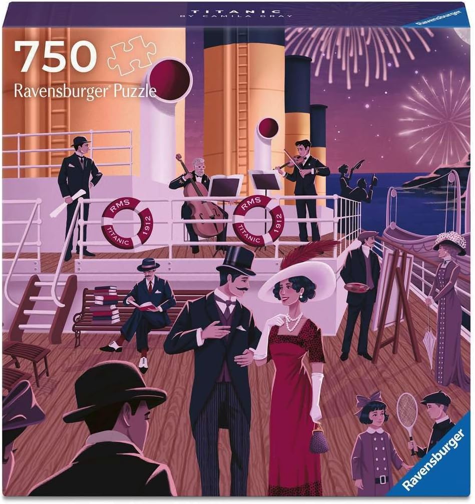 Ravensburger Titanic puzzle box with people on a ship deck and fireworks in the background