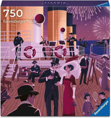 Ravensburger Titanic puzzle box with people on a ship deck and fireworks in the background