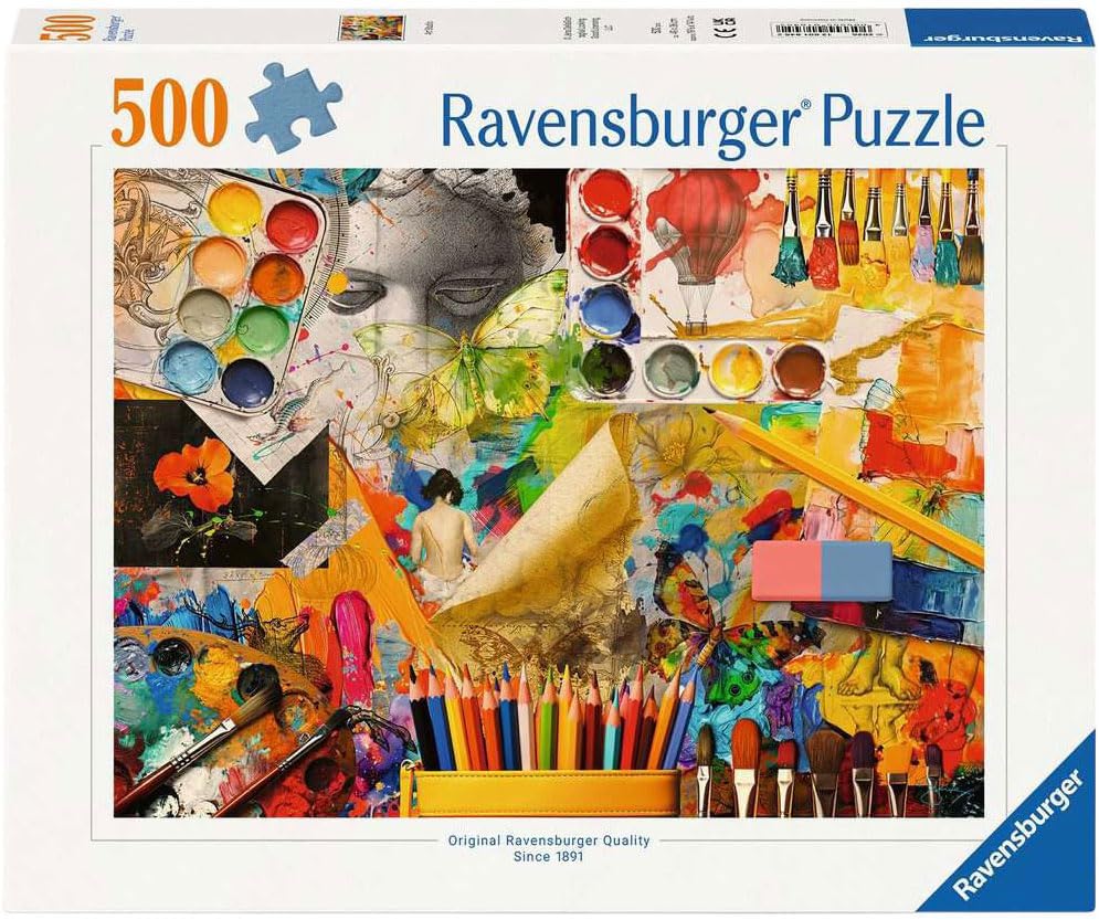 ravensburger art studio jigsaw puzzle box featuring colorful collage of art supplies and artwork