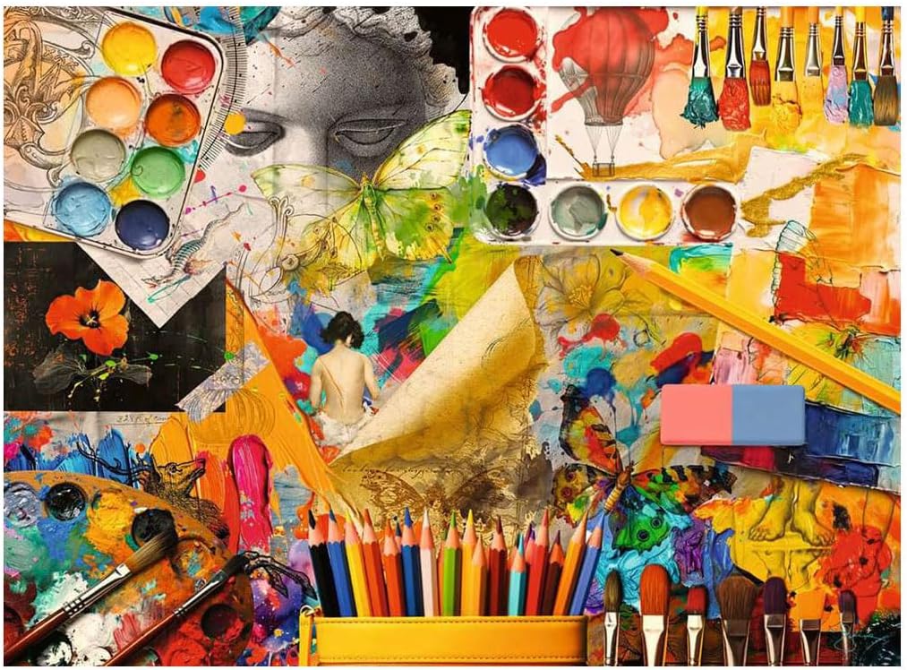 ravensburger art studio jigsaw puzzle featuring colorful collage of art supplies and artwork
