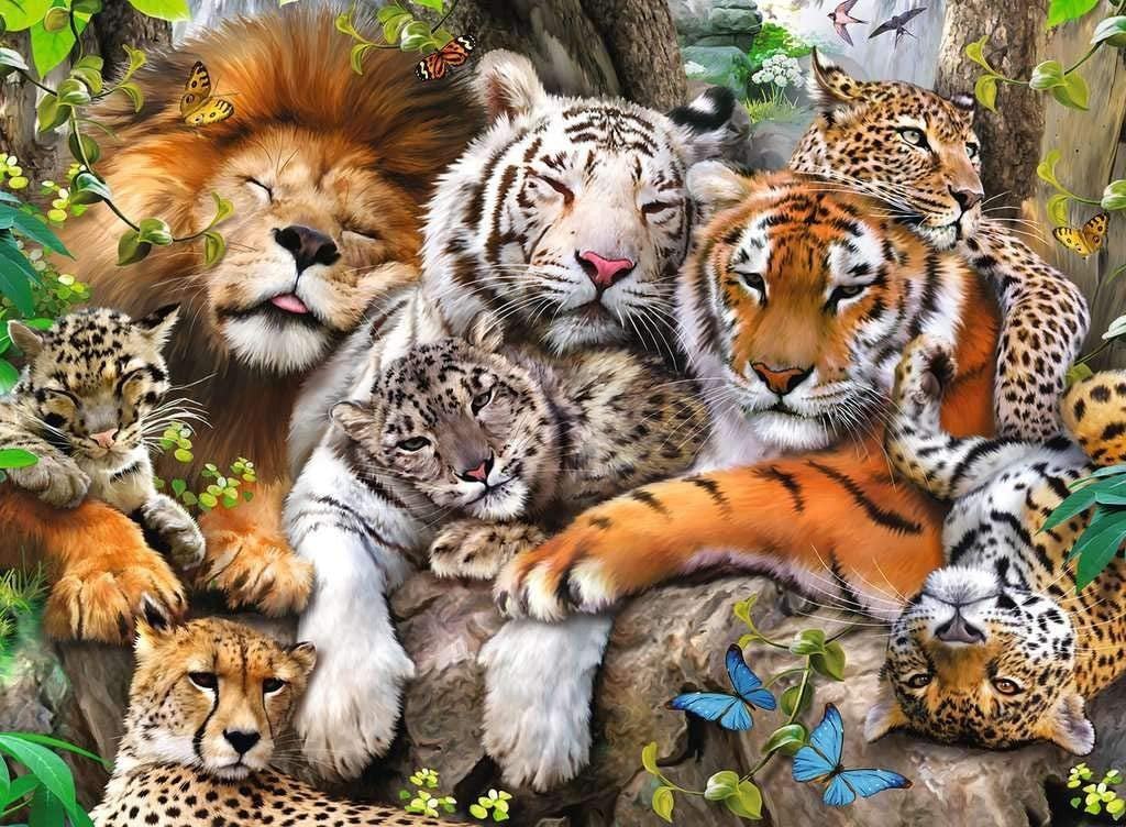 ravensburger big cat nap jigsaw puzzle featuring Group of lions, tigers, and leopards resting together with a natural background.
