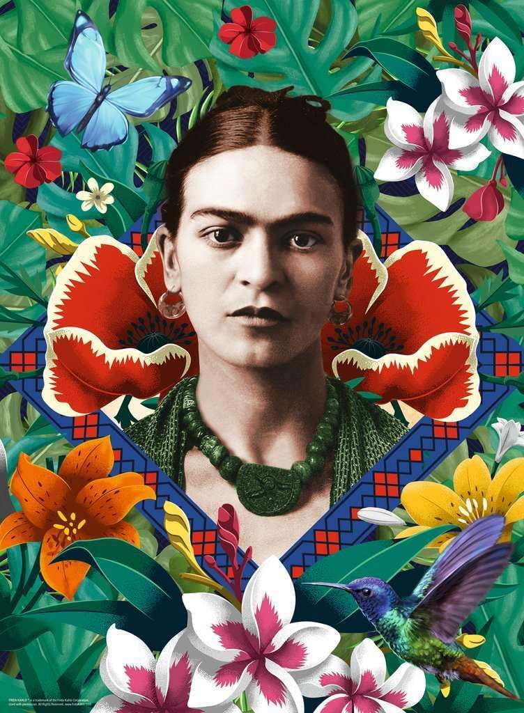 ravensburger frida kahlo blooming fantasy jigsaw puzzle featuring frida kaha surrounding by colorful nature elements