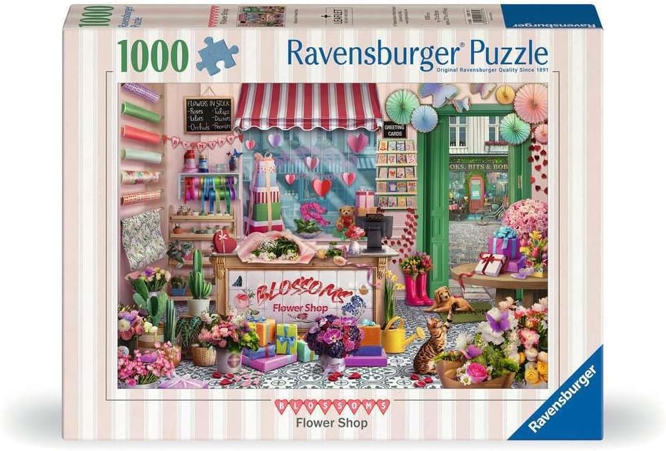 Ravensburger blossoms flower shop jigsaw puzzle box featuring a flower shop illustration