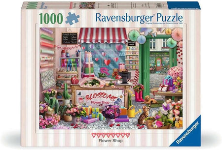 Ravensburger blossoms flower shop jigsaw puzzle box featuring a flower shop illustration