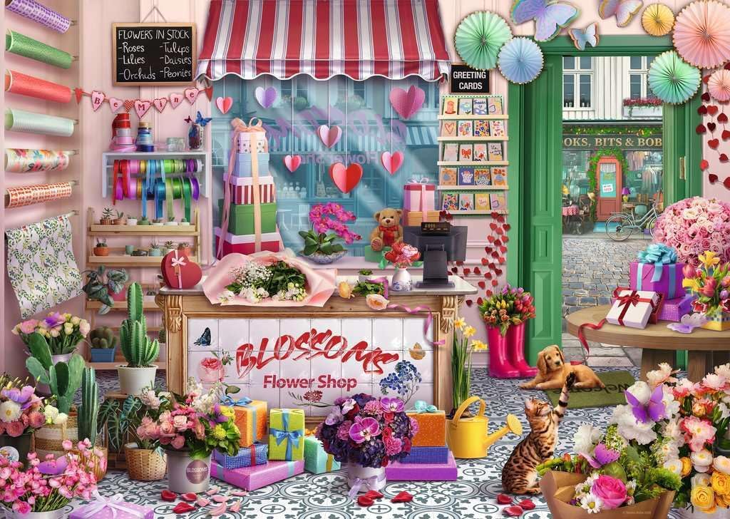 ravensburger blossoms flower shop jigsaw puzzle of Colorful flower shop interior with various flowers, gift boxes, a cat and a dog.
