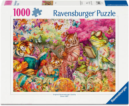 Ravensburger puzzle box with colorful illustration of animals reading books in a garden