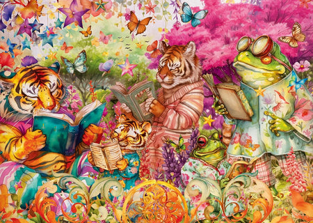 Colorful ravensburger book club jigsaw puzzle featuring illustration of tigers and a frog reading books in a garden with butterflies and flowers.