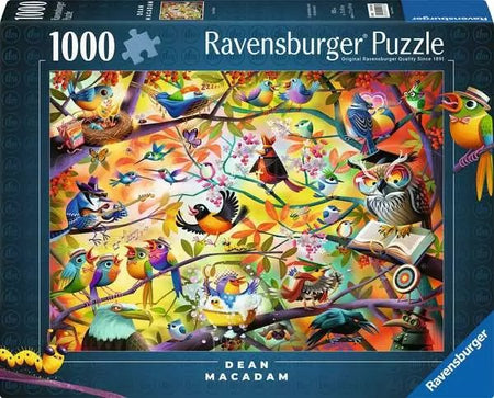 Ravensburger puzzle box with colorful illustration of birds and animals, featuring the brand name 'Ravensburger' and 'Dean Macadam'.