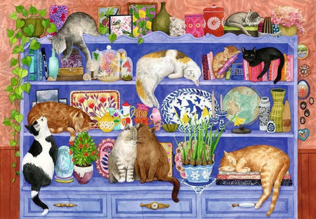 ravensburger cats on shelf jigsaw puzzle of Shelf with cats and various items including books, plants, and decorative objects.