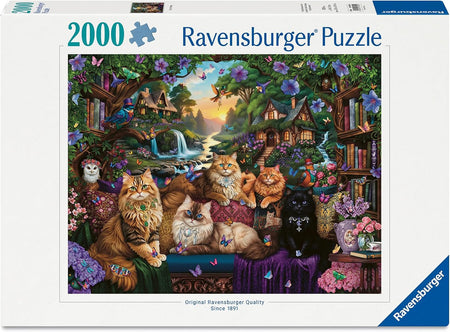 ravensburger cat tail cottage 2000-piece jigsaw puzzle box of jeweled cats in a fantastical setting surrounded by flowers, birds, and butterflies
