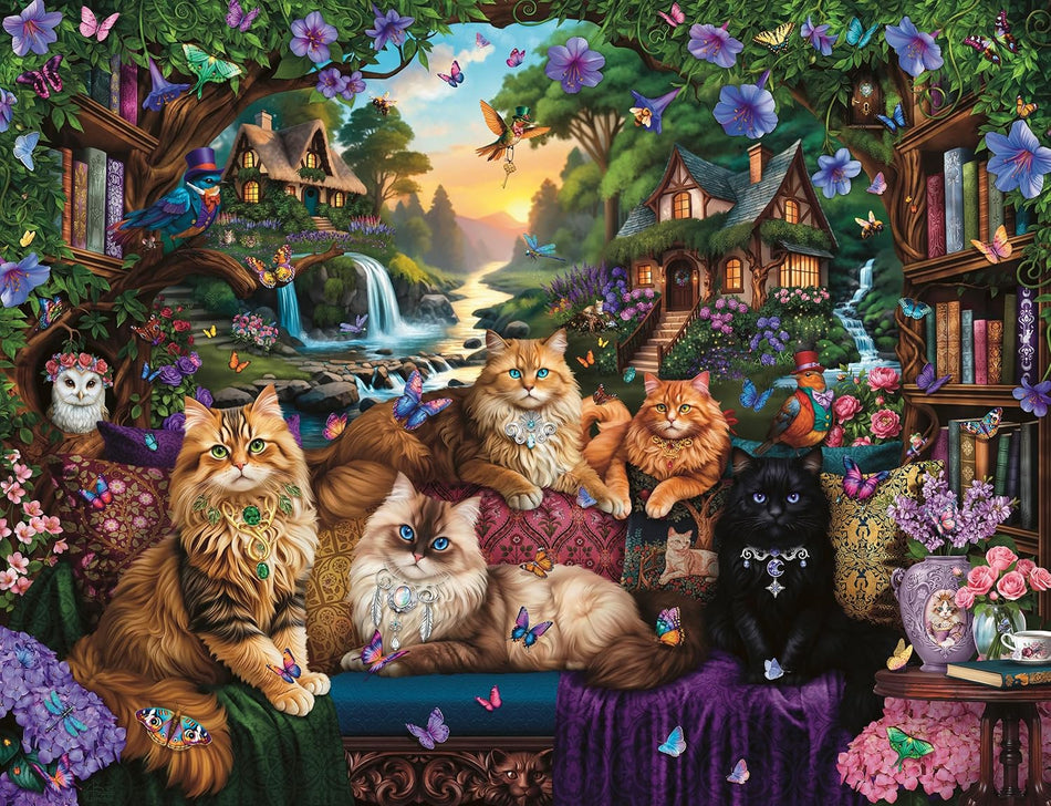 ravensburger cat tail cottage 2000-piece jigsaw puzzle of jeweled cats in a fantastical setting surrounded by flowers, birds, and butterflies