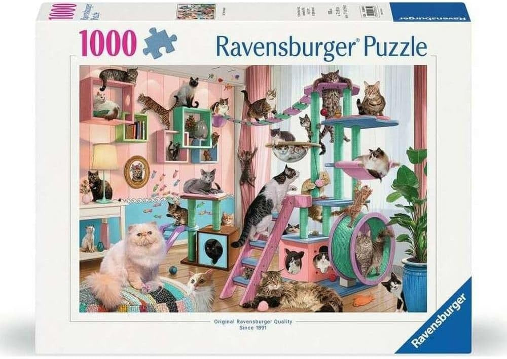 Ravensburger puzzle box with a cat-themed design featuring multiple cats and a cat tree.