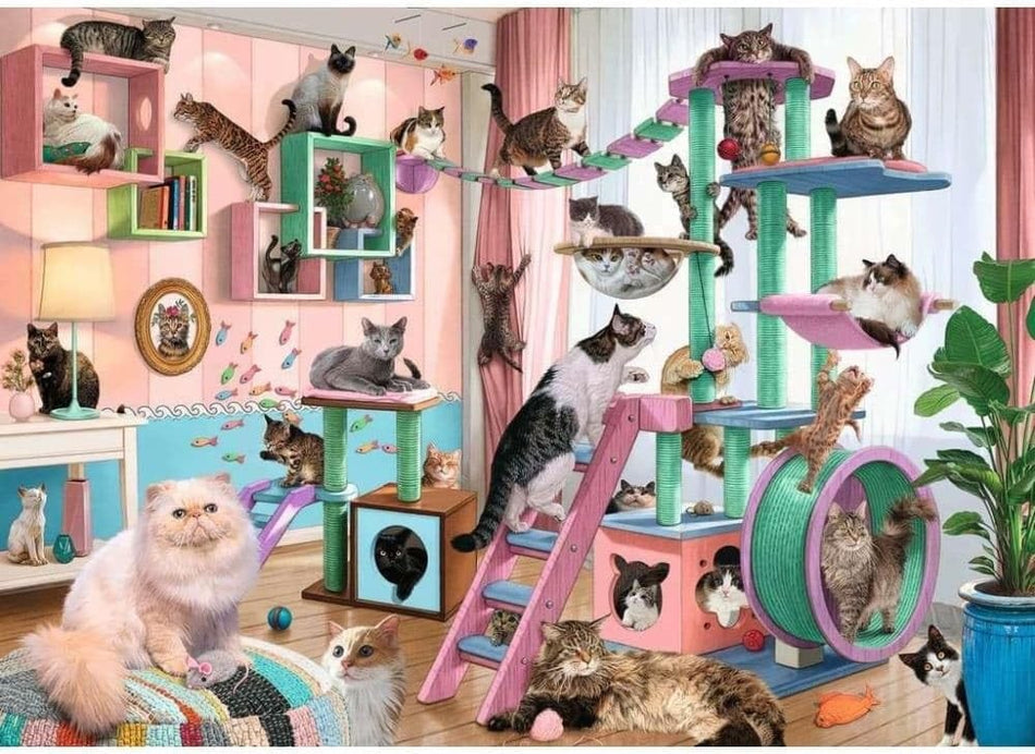 ravensburger cat tree heaven jigsaw puzzle featuring Multiple cats on a colorful cat tree and shelves in a room.