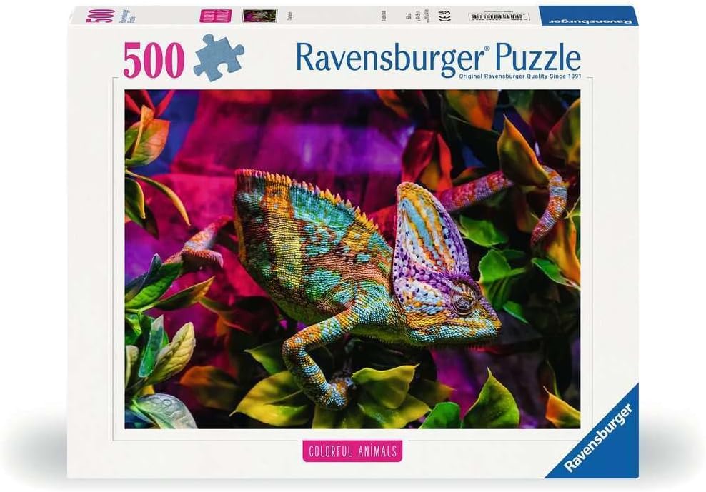 Ravensburger puzzle box with a colorful chameleon design on a white background