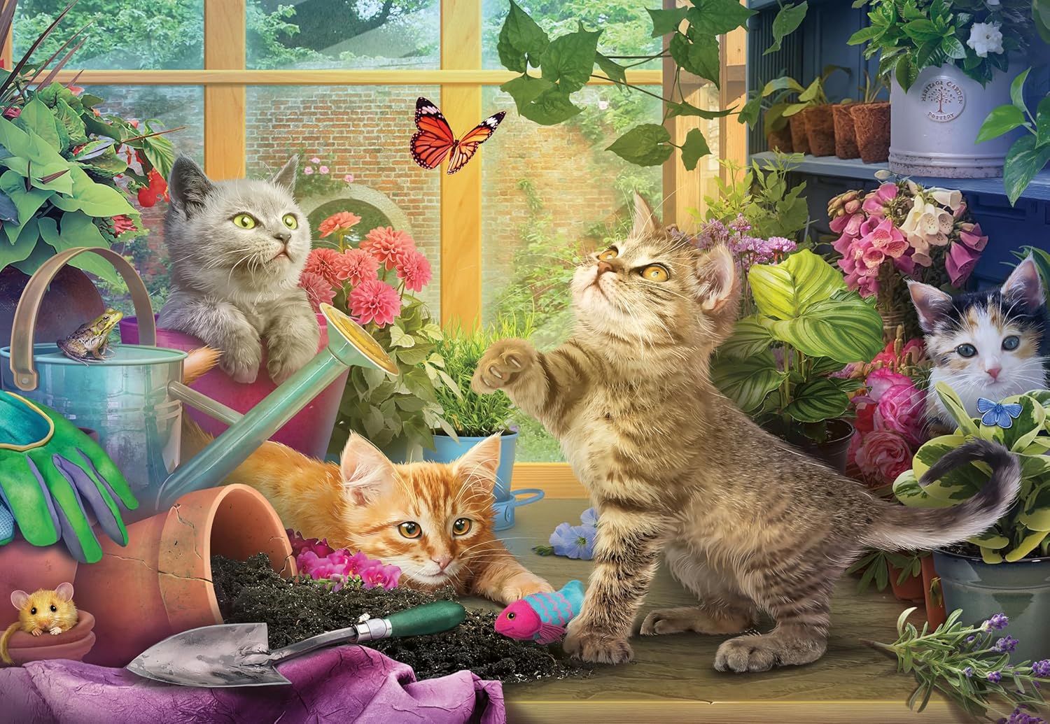 ravensburger cheeky cats jigsaw puzzle featuring Illustration of kittens playing in a garden with flowers and butterflies.