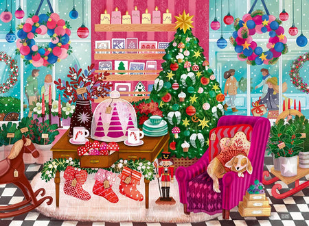 ravensburger the christmas boutique jigsaw puzzle featuring inside view of a colorfully decorated shop