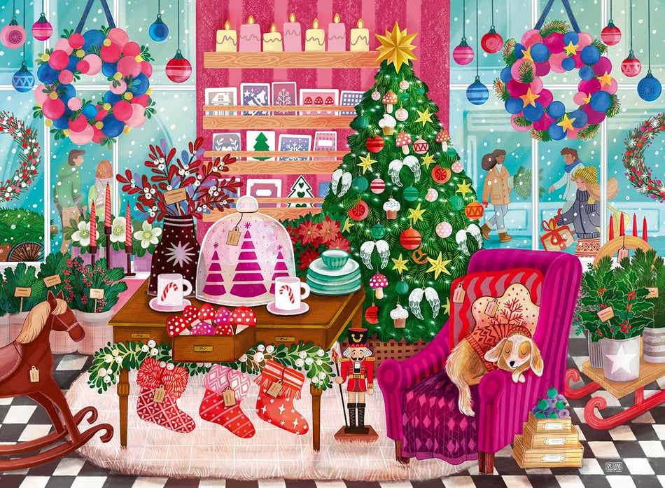 ravensburger the christmas boutique jigsaw puzzle featuring inside view of a colorfully decorated shop