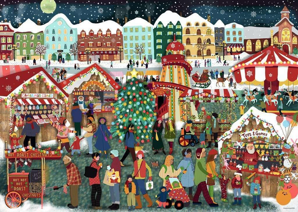 ravensburger christmas market jigsaw puzzle featuring a Colorful winter scene of a Christmas market in a snowy town at night.