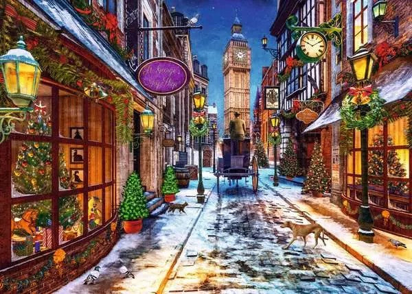 ravensburger christmastime jigsaw puzzle Illustration of a festive street scene with Christmas decorations, Big Ben, and a horse-drawn carriage.