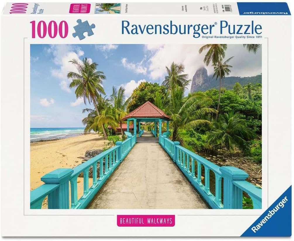Ravensburger jigsaw puzzle box with a tropical scene featuring a blue walkway, beach, and mountains.